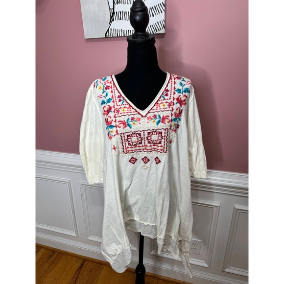 Johnny Was Embroidered Cotton Tunic Top Medium Pullover Embroidered 3/4 Sleeve - Picture 2 of 10